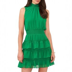 1.STATE Kelly Green Smocked Mock Neck Tiered Mini Dress | Size M